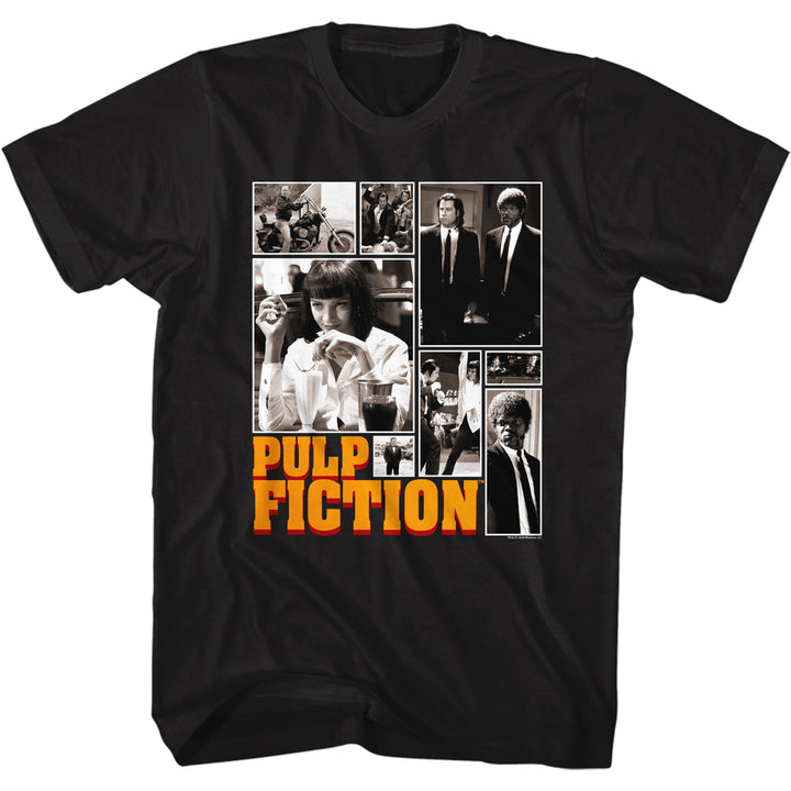 black unisex pulp fiction movie shirt with multiple stills from movie featuring uma thurman, samuel l jackson and john travolta, with pulp fiction logo on bottom