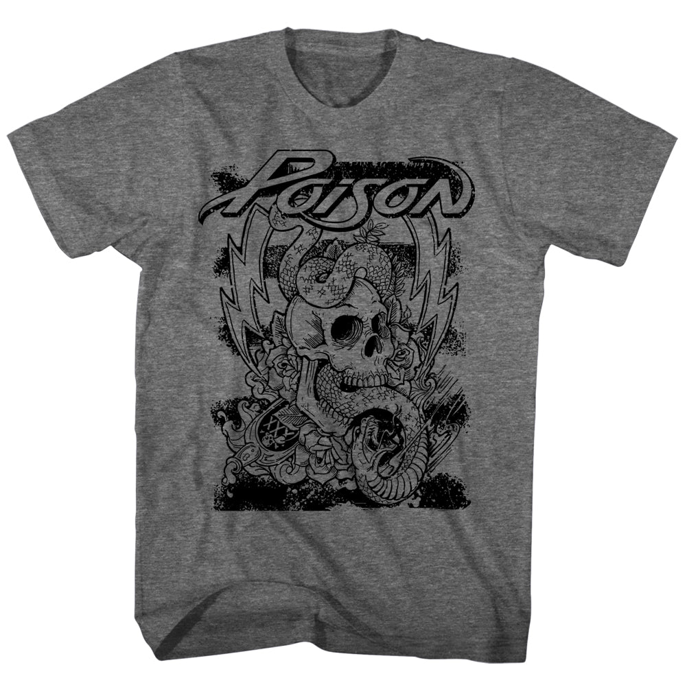 gray unisex poison shirt with logo on top and snake/skull lightning graphic in middle