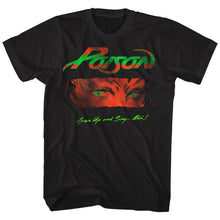 Load image into Gallery viewer, black unisex poison shirt with green/red logo on top, open up and say ahh album cover art in the middle and green text on the bottom that reads &quot;open up and say ...ahh!&quot;
