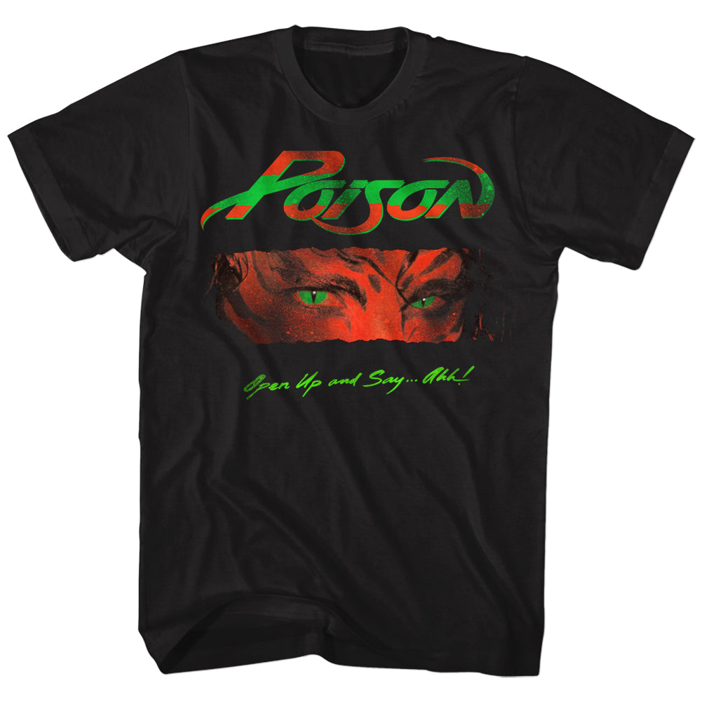 black unisex poison shirt with green/red logo on top, open up and say ahh album cover art in the middle and green text on the bottom that reads 