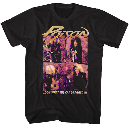black unisex poison shirt with logo on top, pink band member photos in middle and text on the bottom that reads 