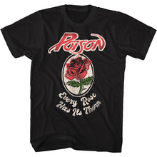Load image into Gallery viewer, black unisex poison shirt with logo on top, rose artwork in the middle and text on the bottom that reads &quot;every rose has its thorn&quot;
