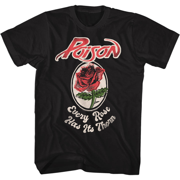 black unisex poison shirt with logo on top, rose artwork in the middle and text on the bottom that reads 