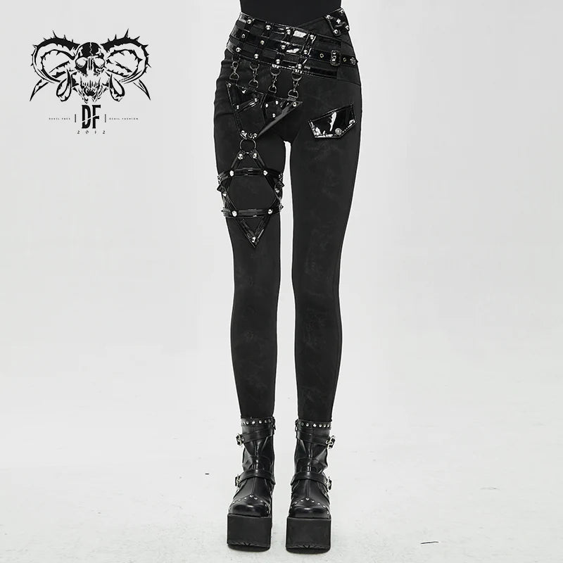 Black Pants w/ Vegan Patent Leather Straps and Removable Hexagram Thigh Detail