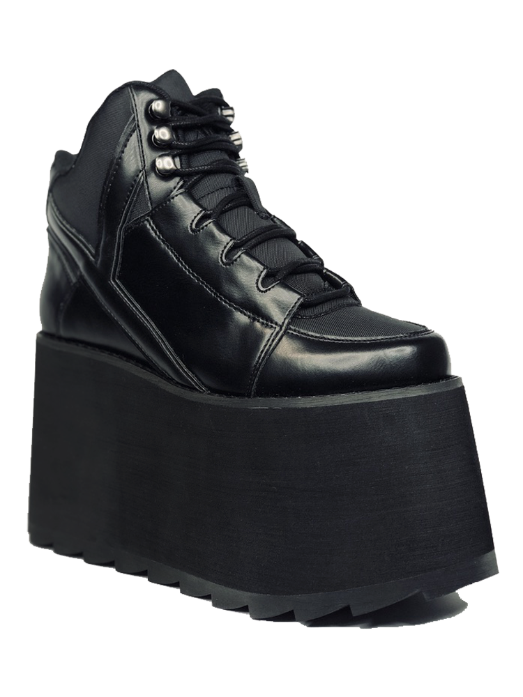 outer view of black vegan leather platform shoe with EVA platform. Shoe looks like a sneaker, but super tall! Shoe has nylon details and mesh lining. Bottom of platform has a 