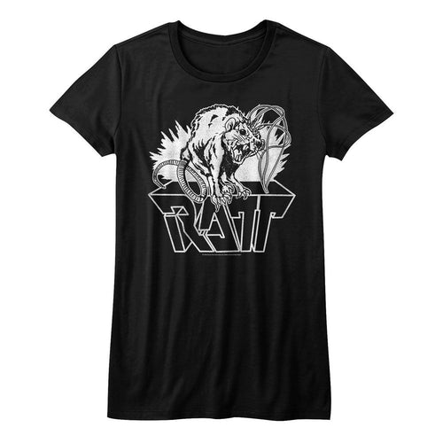 women's black shirt with ratt graphic on top and ratt logo in middle