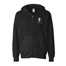 Load image into Gallery viewer, front of Black zip-up hoodie with Michael Myers mask on the back, with two knives crossed underneath. One knife has blood dripping from it. Front left side has a smaller version of the same image. 80% Cotton 20% Polyester.
