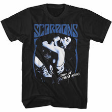 Load image into Gallery viewer, black scorpions band shirt with logo and love at first sting album cover art
