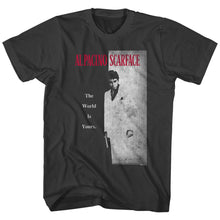 Load image into Gallery viewer, black scarface movie shirt with movie poster artwork and text that reads &quot;al pacino scarface the world is yours&quot;
