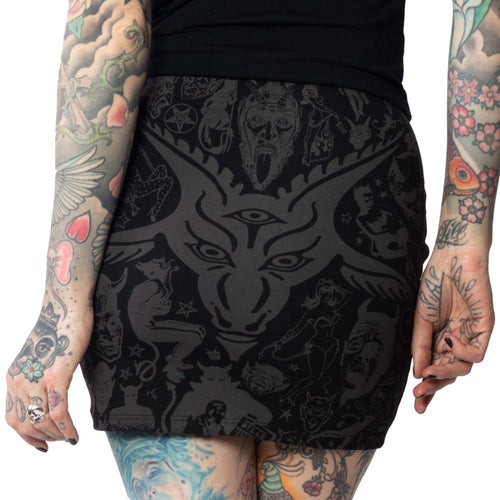 goathead devil design printed on skirt with repeated devil and pentagram designs