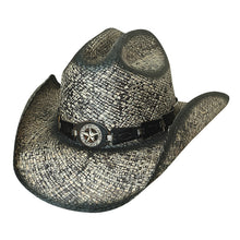 Load image into Gallery viewer, White/gray distressed straw cowboy hat with brown leather strap around base of hat with a central star on the front center
