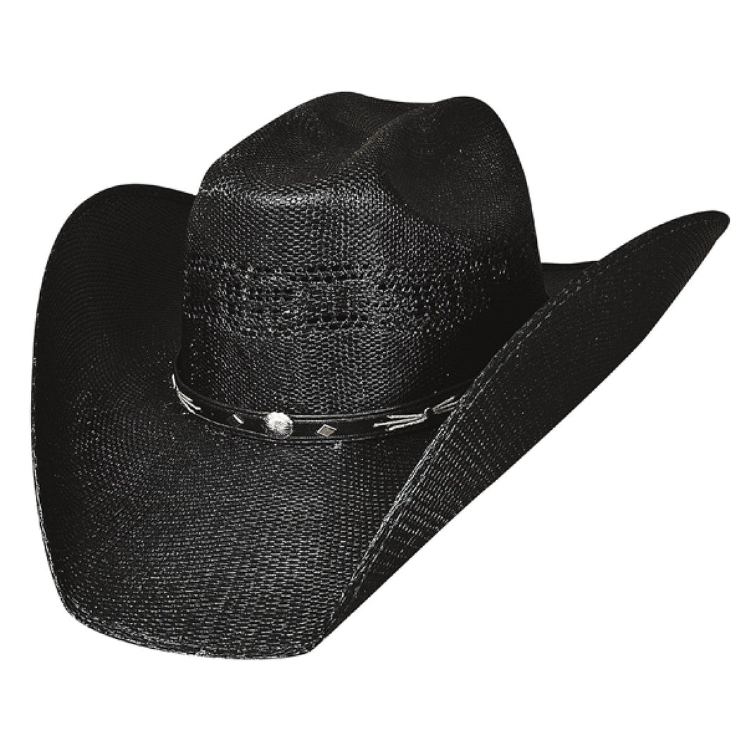 Black straw cowboy hat with all around venting, black leather around base of hat with silver stud details