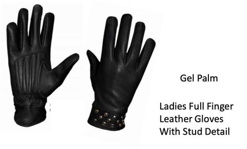 Black real leather full finger, wrist length gel palm gloves with riven stud details on the wrist.