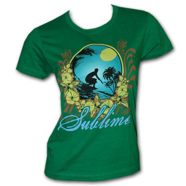 green band shirt with sublime logo with flower graphic and man surfing