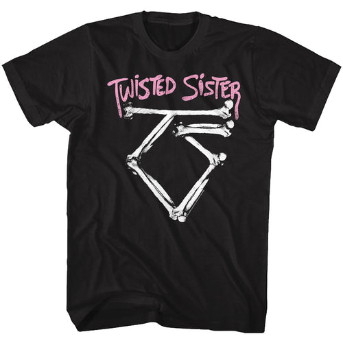 black band shirt with twisted sister logo and bones graphic