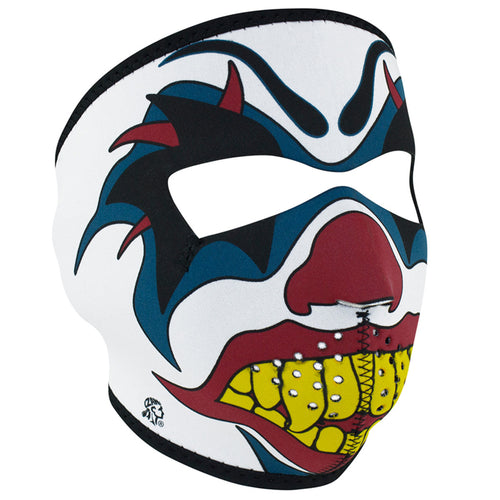Full face riding mask with clown face design on front side. Can be reversed to an all black side.