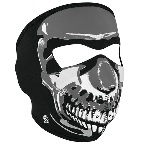 Full face riding mask with chrome skull design on front side. Can be reversed to an all black side.