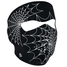 Load image into Gallery viewer, Full face riding mask with glow in the dark spider web design on front side. Can be reversed to an all black side.

