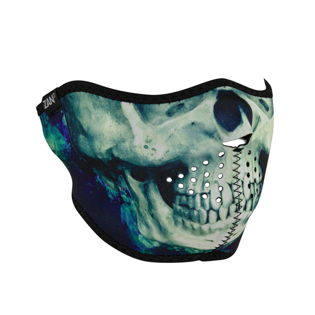 Half face riding mask with painted blue, white and green skull on front side. Can be reversed to an all black side.