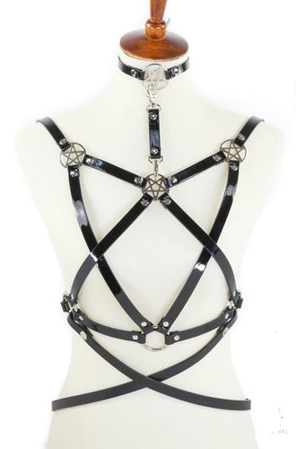mannequin displaying black leather inverted pentagram shaped eight strap body harness with attached choker and multiple silver inverted pentagram o rings
