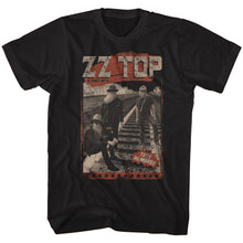 Load image into Gallery viewer, black band shirt with picture of zz top band, zz top logo and text that reads &quot;tres hombres since &#39;69&quot;

