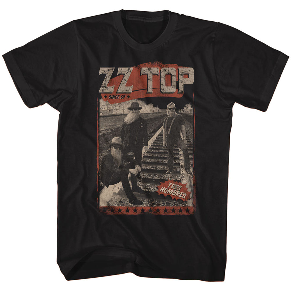 black band shirt with picture of zz top band, zz top logo and text that reads 