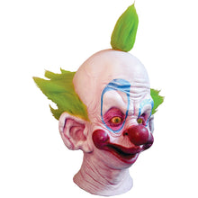 Load image into Gallery viewer, latex mask of shorty the clown from killer klowns from outer space. mask has green hair on top and sides

