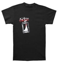 Load image into Gallery viewer, Black double sided Aiden band shirt with logo on front right, above artwork of a bloody bride. Back print has a bloody heart.
