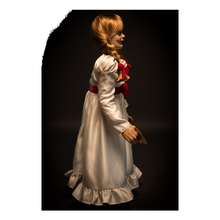 Load image into Gallery viewer, doll wearing white long sleeve dress with red carnation accessory belt. doll is holding parchment paper that reads &quot;miss me?&quot;
