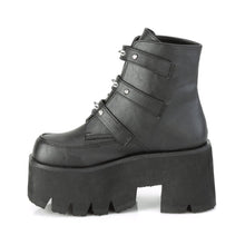 Load image into Gallery viewer, left side view black unisex vegan leather chunky 3.5 inch heel ankle boot, with three straps, bat buckles and silver tree spikes across straps
