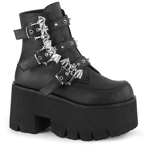 right side view black unisex vegan leather chunky 3.5 inch heel ankle boot, with three straps, bat buckles and silver tree spikes across straps