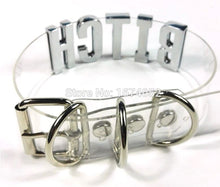 Load image into Gallery viewer, back of Clear PVC collar with silver letters on the front center spelling &quot;BITCH&quot;. Collar has adjustable belt closure on the back.
