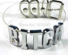 Load image into Gallery viewer, front of Clear PVC collar with silver letters on the front center spelling &quot;BITCH&quot;. Collar has adjustable belt closure on the back.
