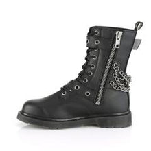 Load image into Gallery viewer, left side view of black vegan leather unisex mid-calf combat bootg, with 1 1/4&quot; heel, 10 eyelets, top and bottom adjustable strap, and five row hanging chain on backside with full left side zip
