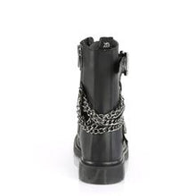 Load image into Gallery viewer, back side view of black vegan leather unisex mid-calf combat bootg, with 1 1/4&quot; heel, 10 eyelets, top and bottom adjustable strap, and five row hanging chain on backside
