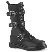 Load image into Gallery viewer, right side view of black vegan leather unisex mid calf combat boot with 1 1/4&quot; heel, 14 eyelets and 3 adjustable buckle straps
