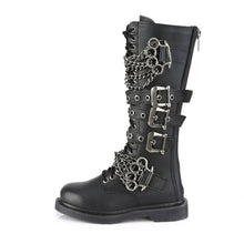 Load image into Gallery viewer, left side view of black vegan leather knee high combat boot with 1.25&quot; heel, 20 eyelet lace-up, brass knuckle with chain on top of shoe and base of shoe with three adjustable straps in the middle, full zipper on backside
