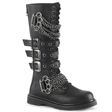 Load image into Gallery viewer, right side view of black vegan leather knee high combat boot with 1.25&quot; heel, 20 eyelet lace-up, brass knuckle with chain on top of shoe and base of shoe with three adjustable straps in the middle, full zipper on backside
