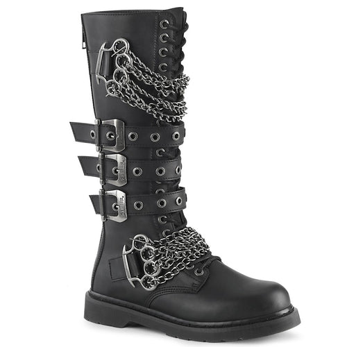 right side view of black vegan leather knee high combat boot with 1.25