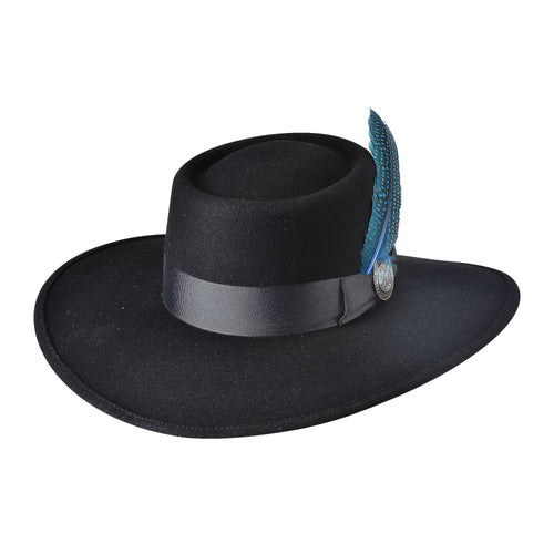 Premium black wool round couture hat with large width ribbon around brim and large blue feather on left side