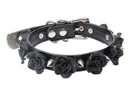 Shiny black vegan leather polyurethane choker with multiple black roses, silver tree spikes and adjustable belt closure.