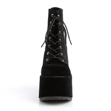 Load image into Gallery viewer, front side view of black velvet super chunky 5 inch heel 3 inch platform 7 eyelet lace-up front with full back zipper
