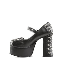Load image into Gallery viewer, left side view of black vegan leather 2 inch platform mary jane with corset chain design detail on the front and back of shoe, with zipper detail around mouth of shoe and around adjustable front strap
