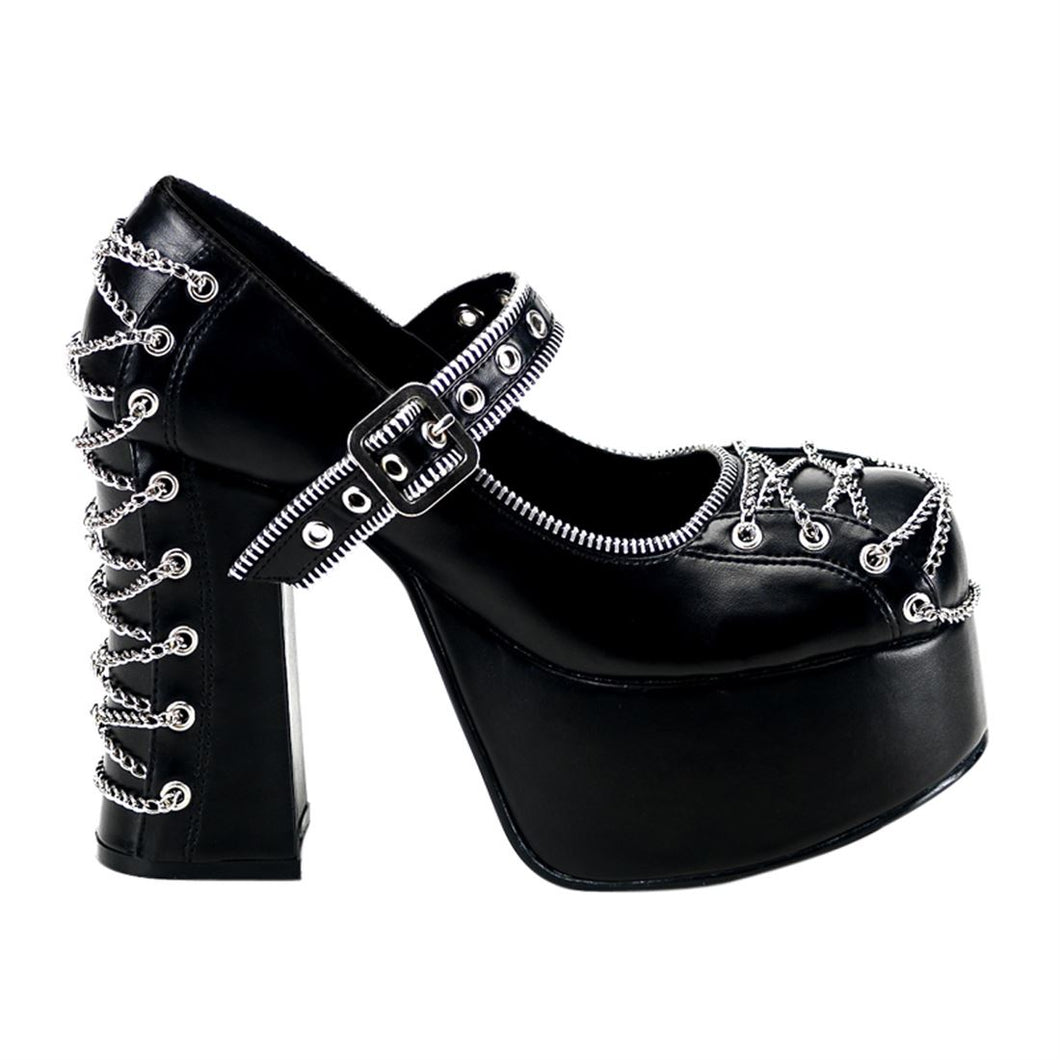 right side view of black vegan leather 2 inch platform mary jane with corset chain design detail on the front and back of shoe, with zipper detail around mouth of shoe and around adjustable front strap