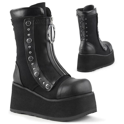 right and back side view of black vegan leather mid calf 3.5 inch wedge platform boot with front snap-on stretch panel that has a zipper with large O ring pull tab, which hides laces. also has lace up back