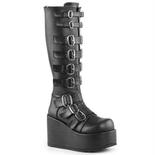 Load image into Gallery viewer, right side view of black vegan leather 4 1/4&quot; platform knee high gogo boot with 9 adjustable straps up and down the boot
