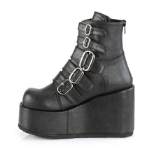Load image into Gallery viewer, left side view of black vegan leather ankle boot with 4 1/4&quot; platform. boot has 5 adjustable straps from top to bottom
