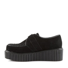 Load image into Gallery viewer, left side view of black vegan leather suede 2&quot; platform creeper sneaker shoe with adjustable strap across foot
