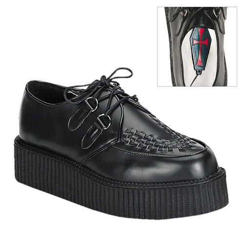 right side view of real black leather 2 inch platform creeper with woven detail on top of shoe and lace up front. has secret hidden coffin shaped compartment underneath sole cover inside shoe