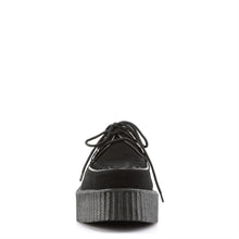 Load image into Gallery viewer, front side view of real black leather suede 2 inch platform creeper with woven detail on top of shoe and lace up front. has secret hidden coffin shaped compartment underneath sole cover inside shoe
